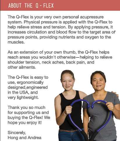 A promotional text panel for the Q-Flex personal acupressure system, featuring a photo of two women holding the purple and gray acupressure tool in a heart shape against a white background with a coral header reading 'ABOUT THE Q - FLEX'.